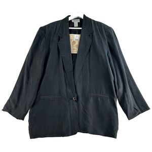 Vintage M Blazer Croquet Club 100% Silk Women Black Lined Shoulder Pads 1 Button